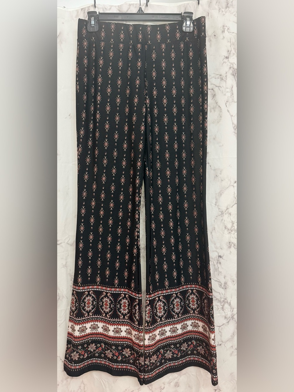 BCX Black Wide-Leg Boho Print Pants with Rust & Cream